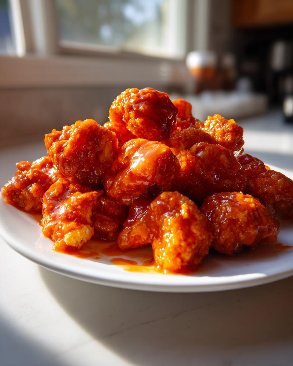 A pile of crispy, saucy buffalo cauliflower bites glistening under natural light on a white plate.