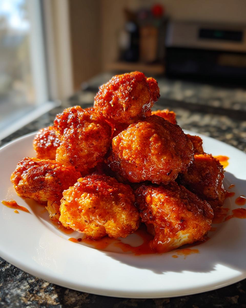 A close-up of a pile of crispy, saucy buffalo cauliflower bites served on a white plate.