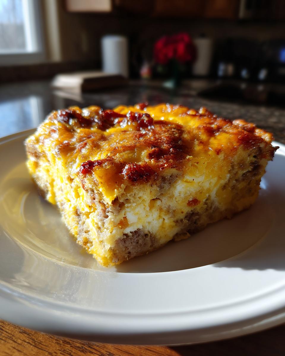 A square slice of savory egg bake with sausage and melted cheese topping on a white plate.