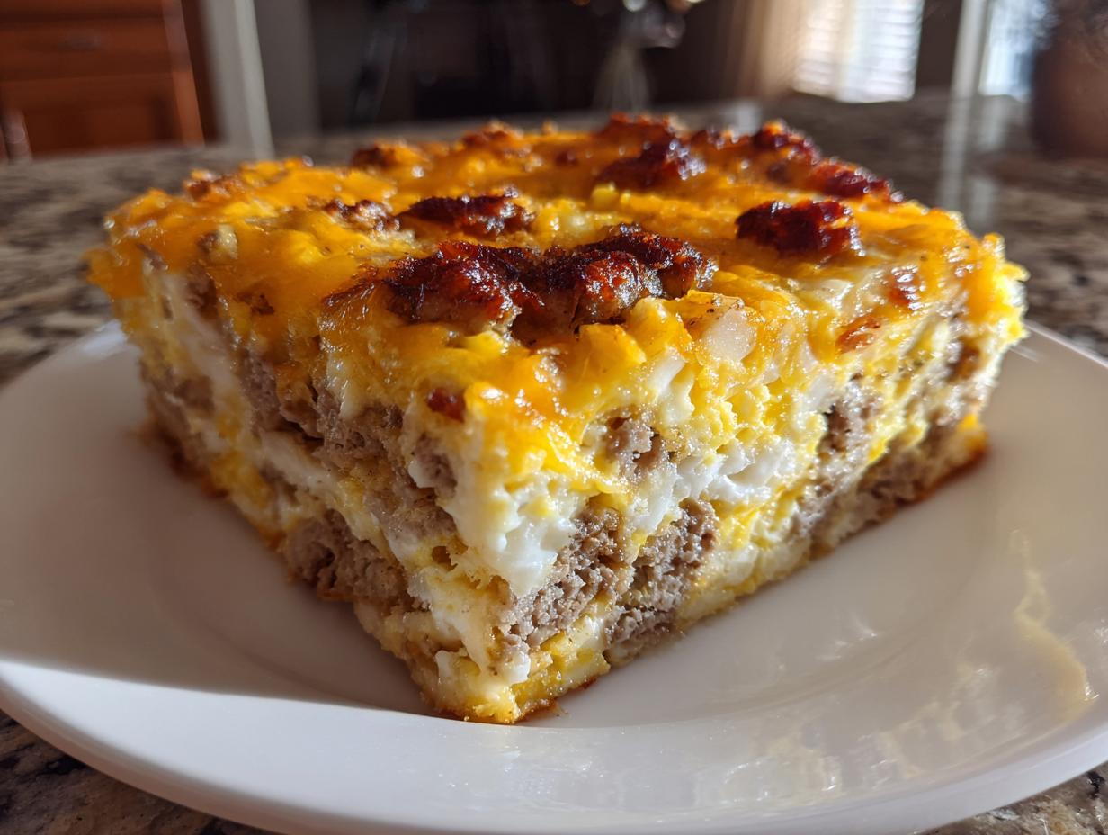 A thick, square slice of savory egg bake with layers of sausage, egg, and melted cheddar cheese topping.