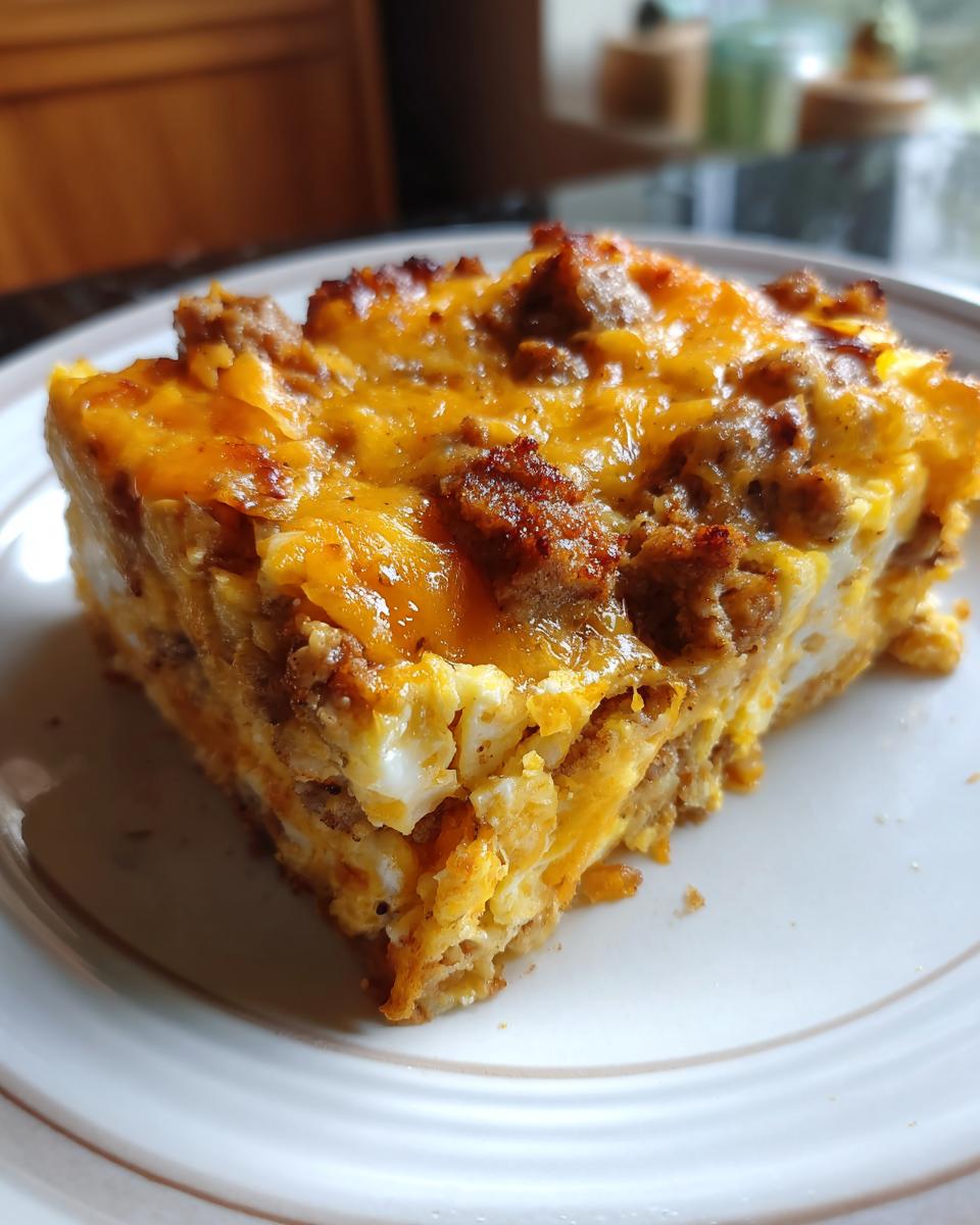 A close-up of a thick slice of savory egg bake topped with melted cheddar cheese and sausage crumbles.