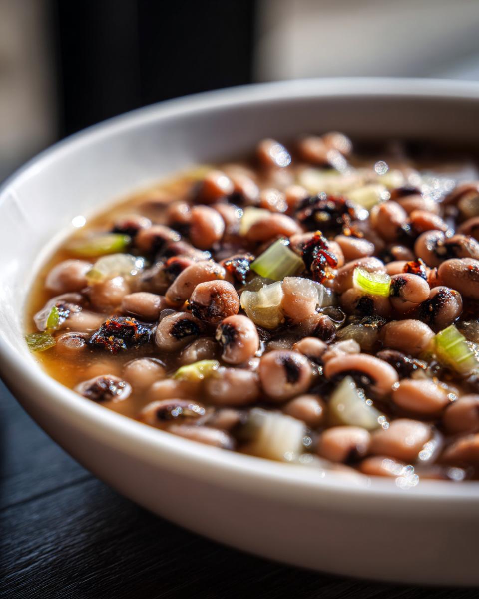 Close-up of a white bowl filled with a savory black eyed peas recipe, featuring beans, broth, and chopped celery.