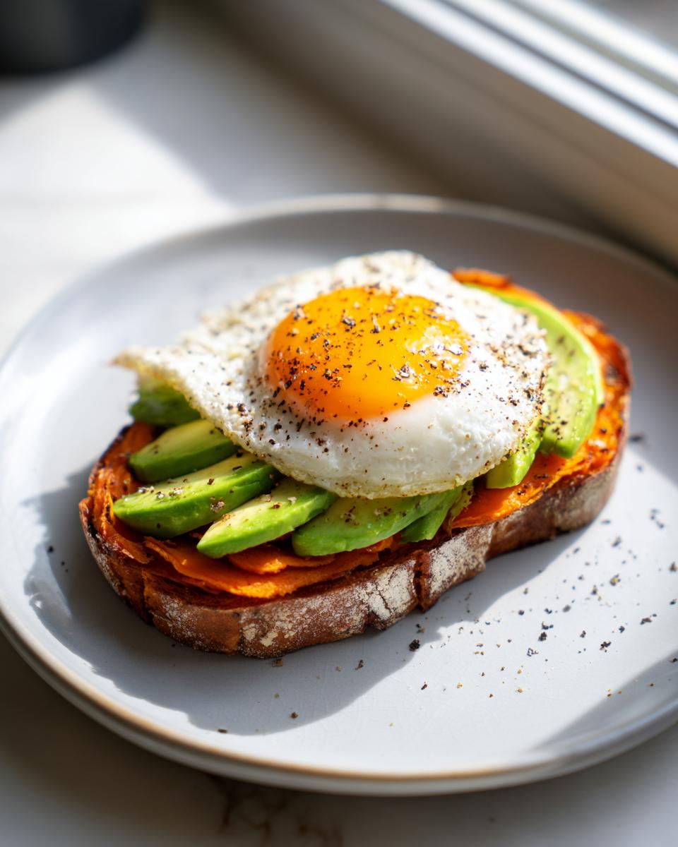 A slice of savory sweet potato toast topped with sliced avocado and a sunny-side-up egg, seasoned with pepper.