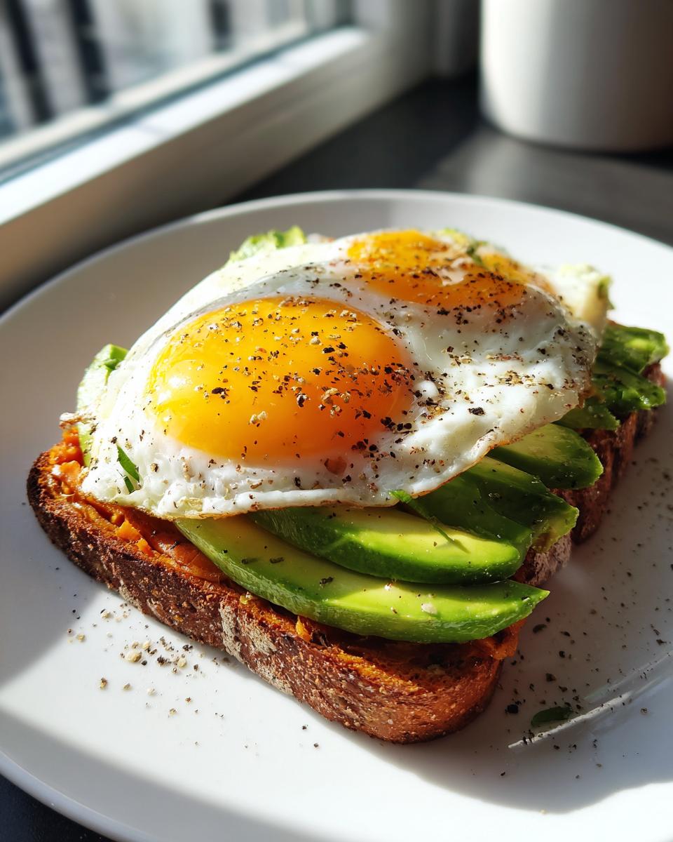 A slice of savory sweet potato toast topped with avocado slices, two sunny-side-up eggs, and cracked black pepper.