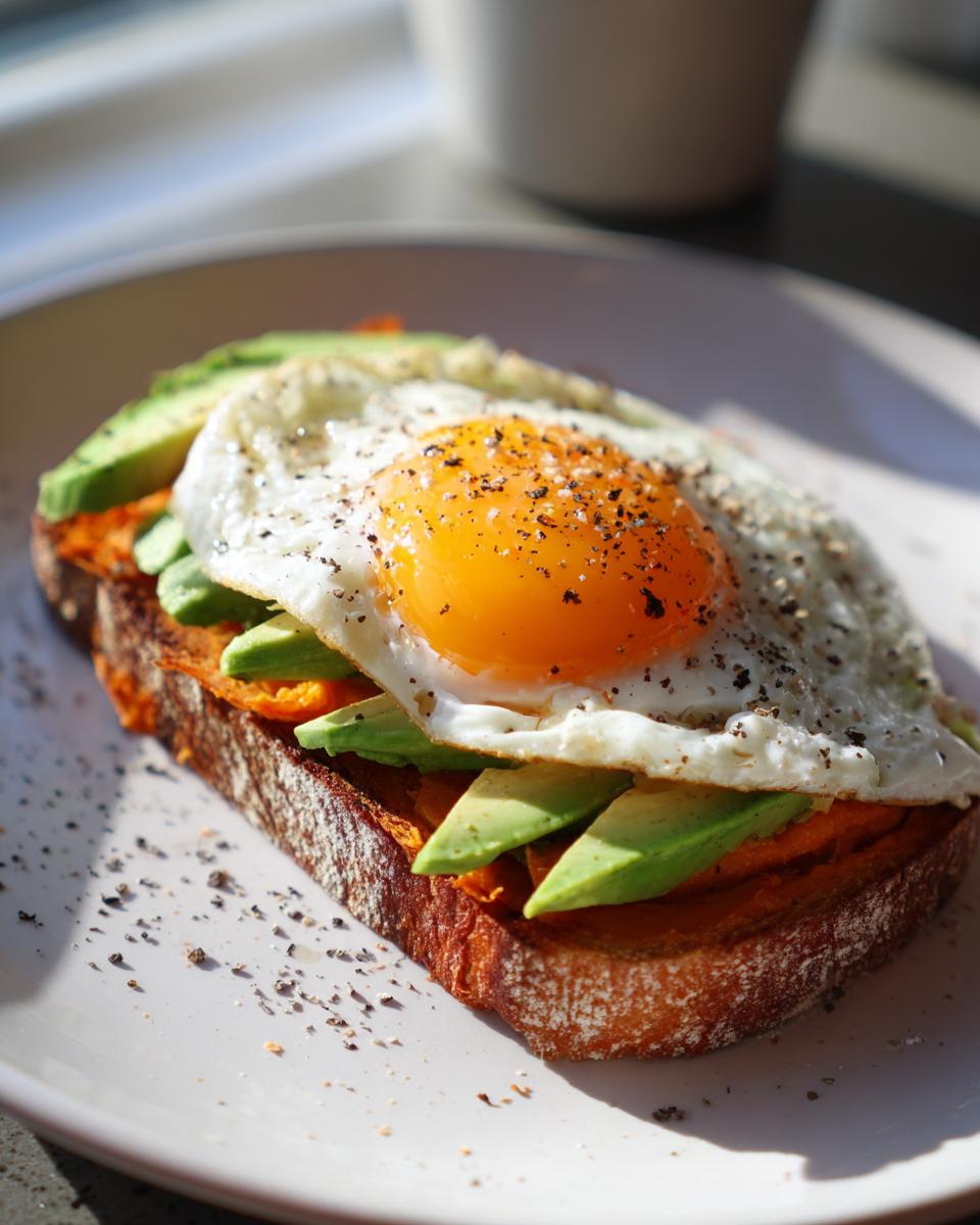 A slice of savory sweet potato toast topped with mashed sweet potato, avocado slices, and a sunny-side-up egg sprinkled with pepper.