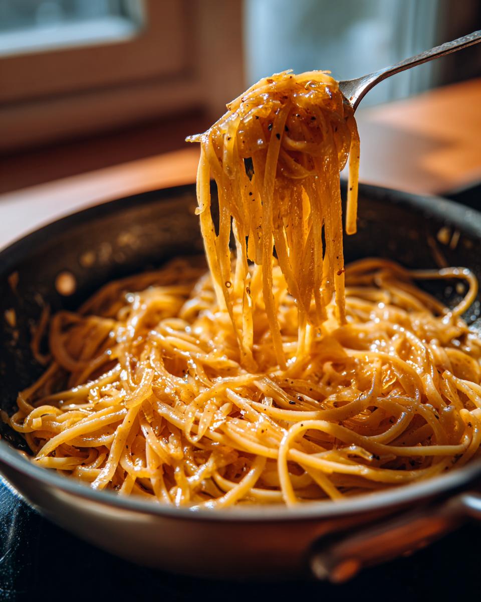 A fork lifting a generous portion of creamy caramelized onion pasta out of a dark skillet.