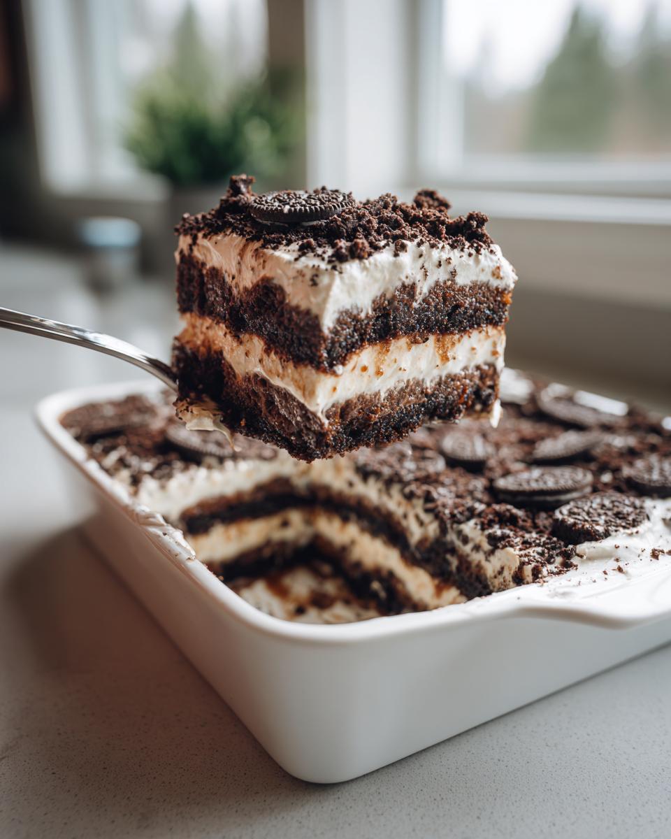 A fork lifts a perfect slice of layered dirt cake, showing chocolate cake and cream layers, from a white dish.