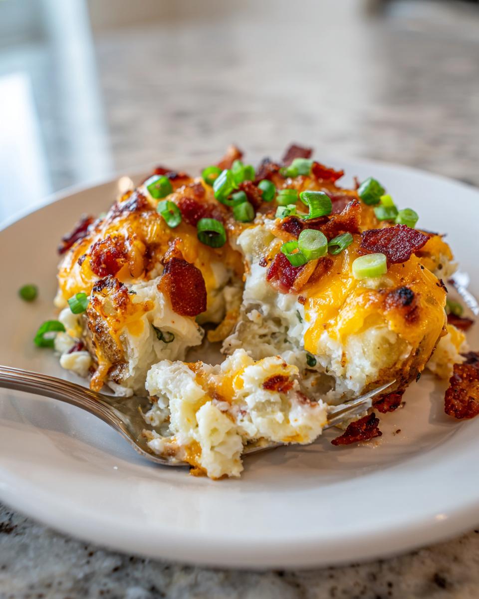 A serving of creamy potato casserole topped with melted cheddar cheese, bacon bits, and green onions, with a fork taking a bite.