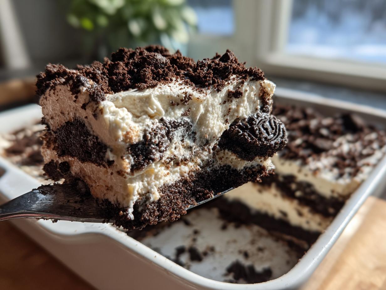 A close-up view of a rich, layered slice of dirt cake being lifted out of a white baking dish with a spatula.