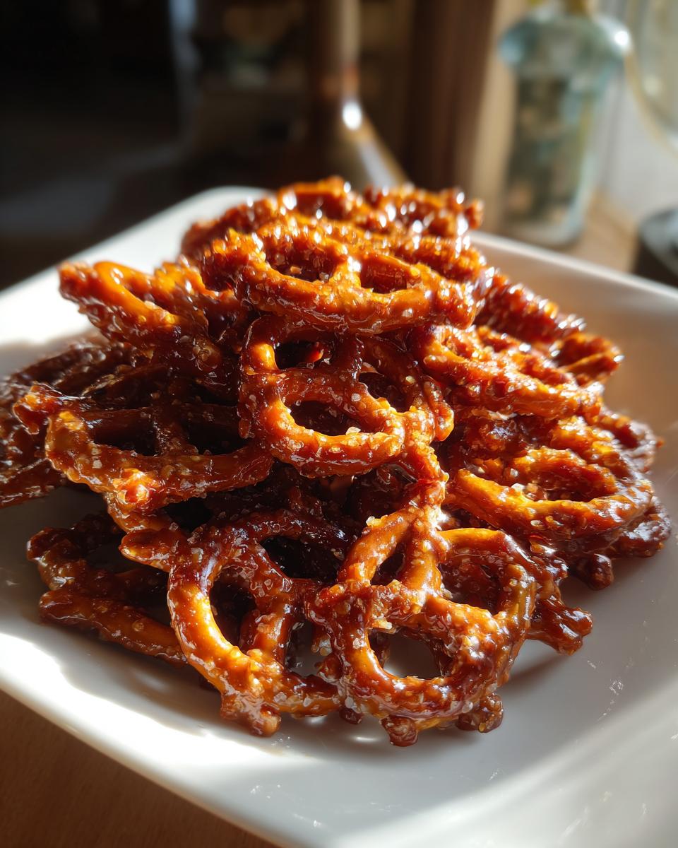 A pile of shiny, glazed toffee pretzels coated in a rich caramel sauce, sitting on a white square plate.