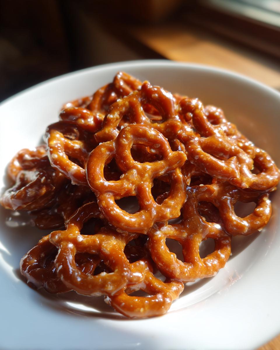 A close-up shot of a pile of shiny, glazed toffee pretzels stacked in a white bowl, catching the sunlight.