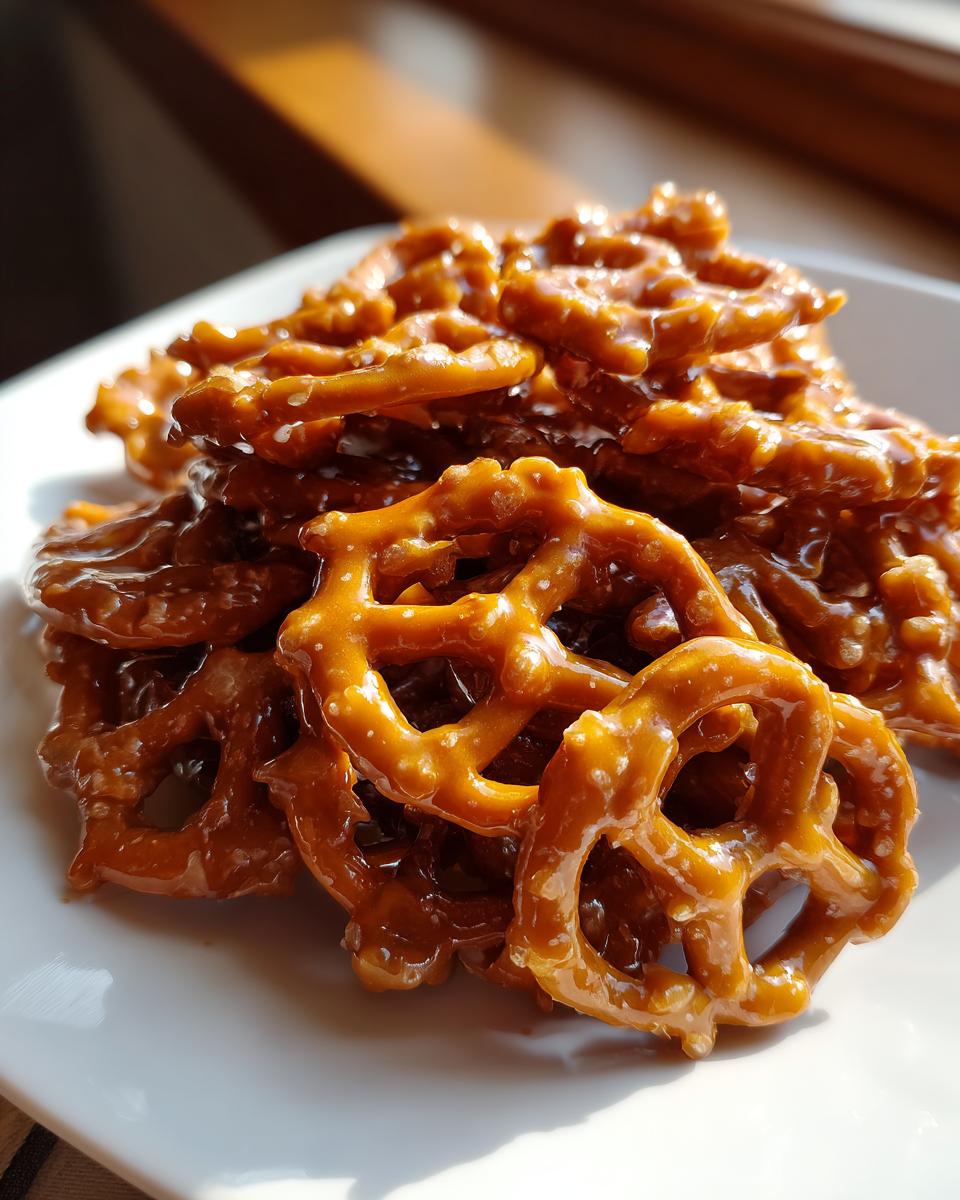 Close-up of a pile of shiny, glazed toffee pretzels resting on a bright white plate, catching the sunlight.