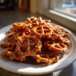 A close-up of a pile of freshly made, shiny toffee pretzels coated in a sweet glaze, sitting on a white plate.