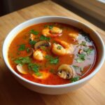 A close-up of a white bowl filled with bright red tom yum soup, featuring large shrimp and sliced mushrooms, garnished with cilantro.