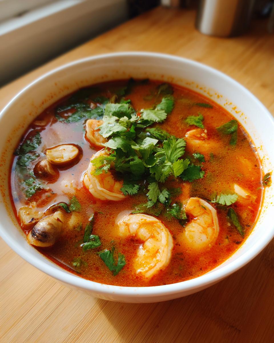 Close-up of a white bowl filled with spicy, red-orange tom yum soup featuring large shrimp and topped with fresh cilantro.