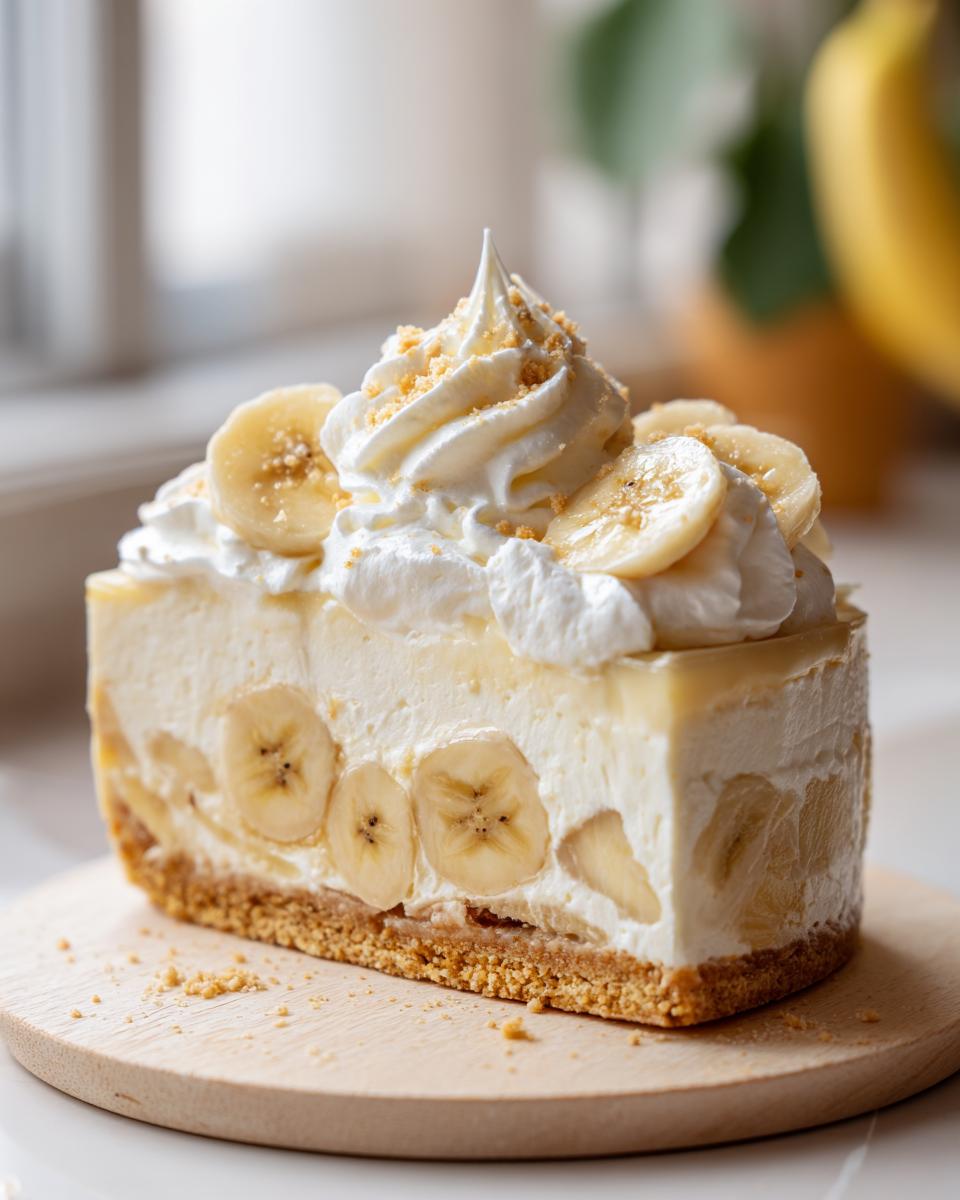 A decadent slice of banana cream cheesecake featuring layers of cream, banana slices, and a graham cracker crust, topped with whipped cream.