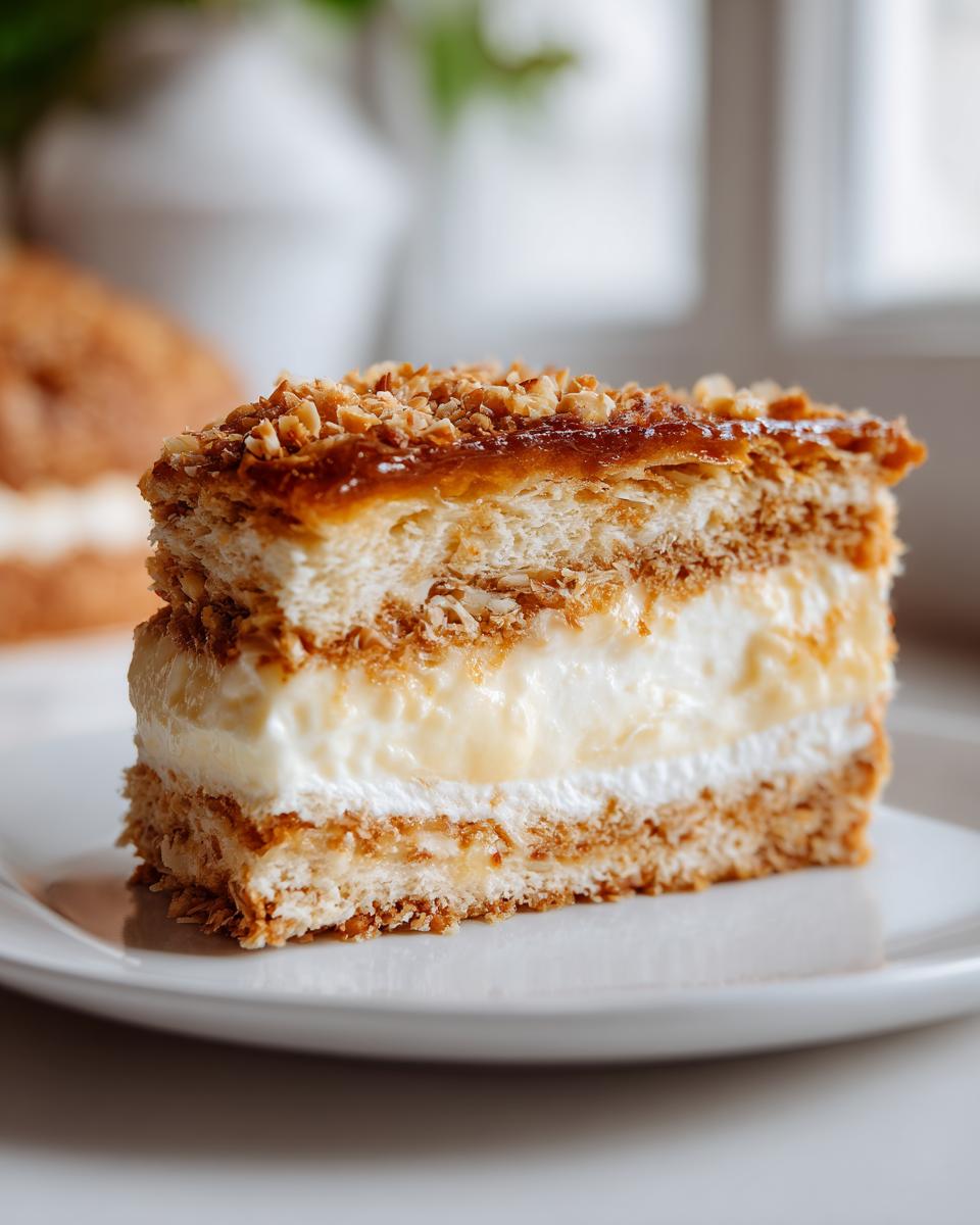 Close-up of a perfect slice of bee sting cake showing layers of pastry, cream filling, and crunchy caramelized nuts.