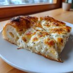 A thick slice of glorious white pizza with melted, bubbly cheese and herbs on a white plate.