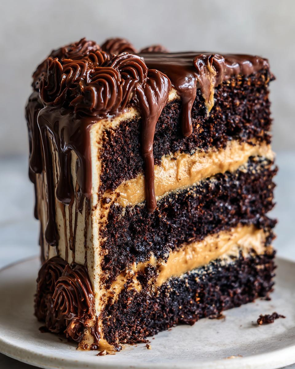 A tall slice of chocolate peanut butter cake featuring dark chocolate layers, peanut butter filling, and chocolate ganache drip.