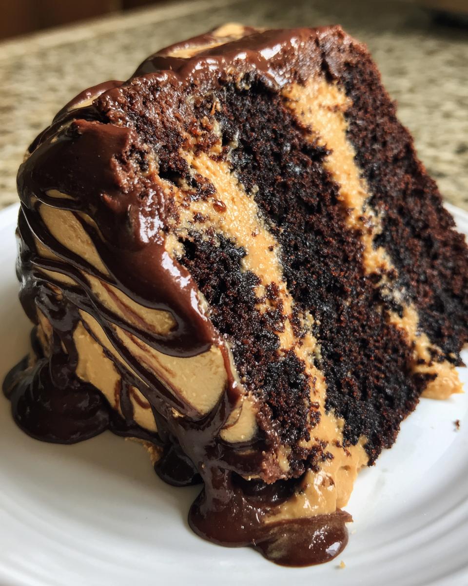 A close-up of a rich slice of chocolate peanut butter cake layered with peanut butter frosting and dripping with chocolate ganache.