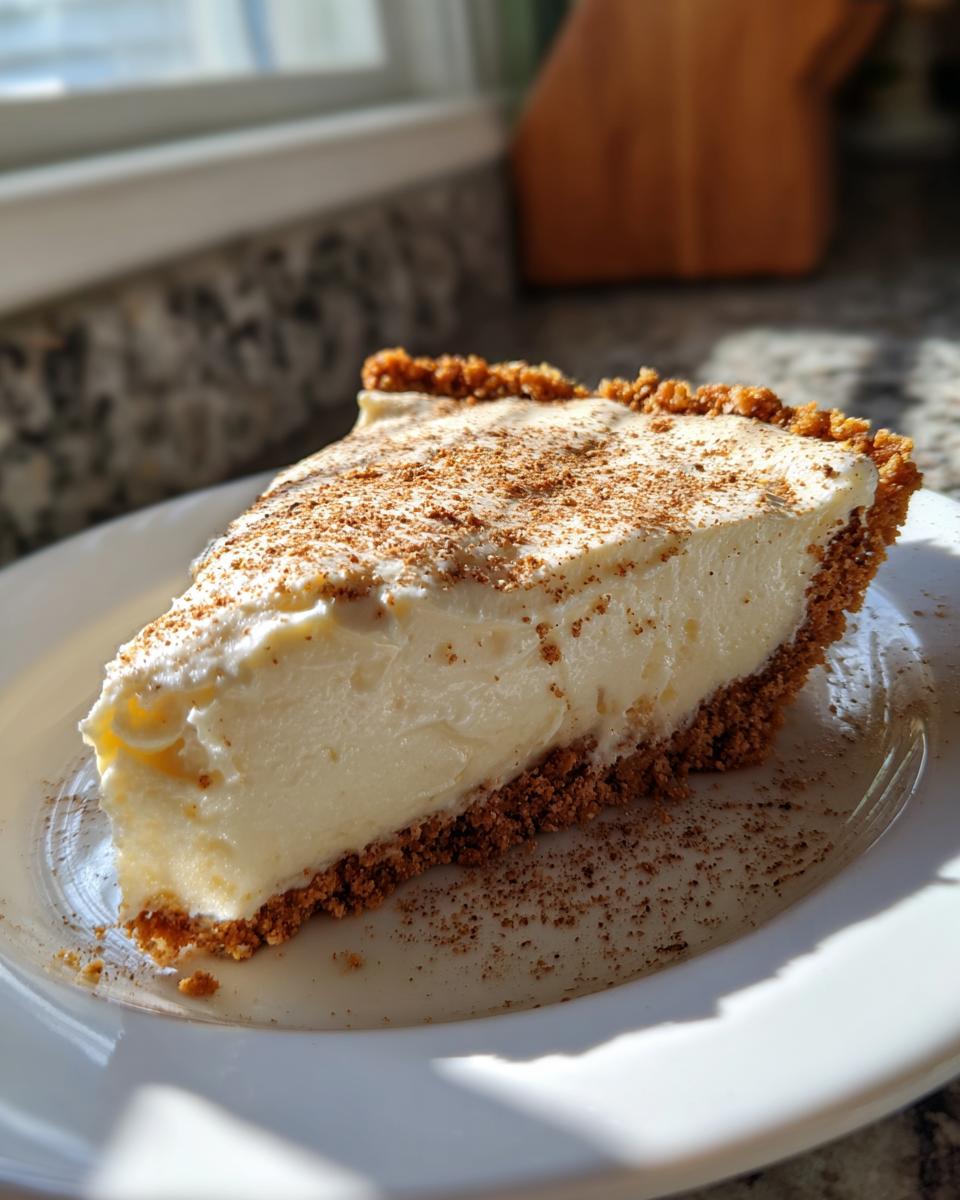 A close-up slice of creamy eggnog pie with a graham cracker crust, dusted with nutmeg or cinnamon.