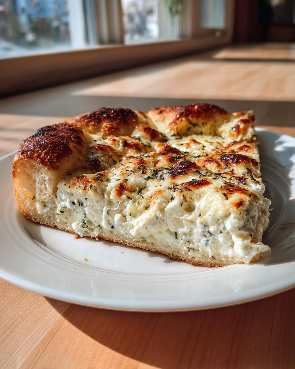 A thick slice of homemade white pizza with a rich, creamy cheese topping and browned crust, served on a white plate.