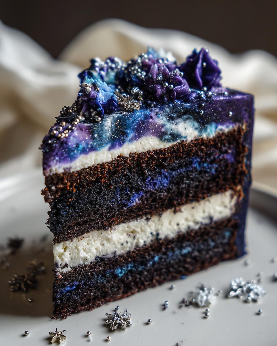 A decadent slice of dark chocolate capricorn cake featuring galaxy frosting, white filling, and silver sprinkles.