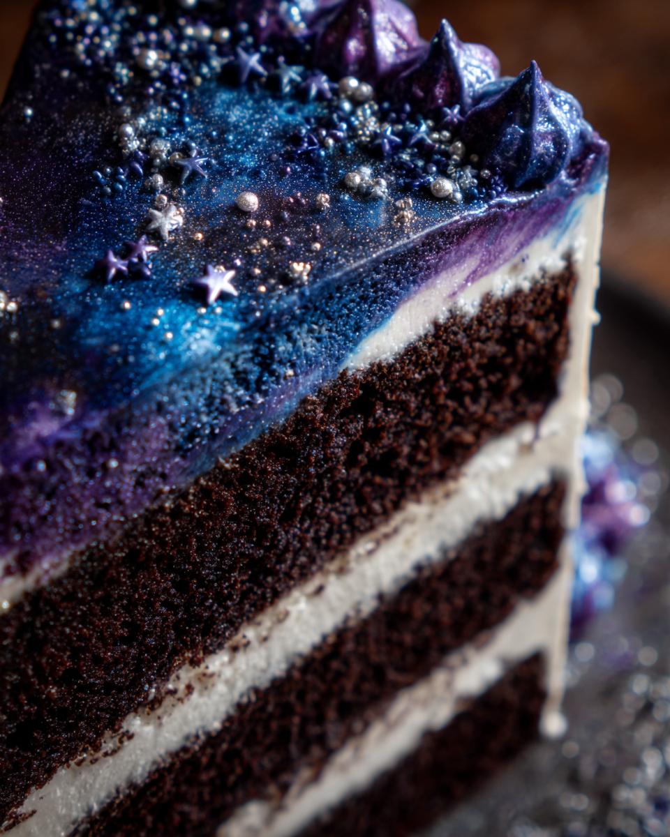 Close-up of a slice of dark chocolate capricorn cake with white frosting layers and a vibrant blue/purple galaxy mirror glaze.