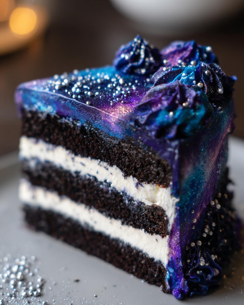Close-up of a slice of dark chocolate capricorn cake layered with white frosting and covered in galaxy mirror glaze.