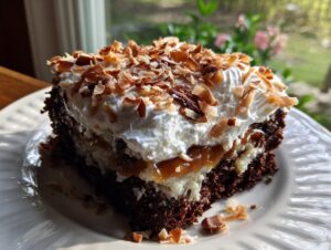 A decadent slice of german chocolate poke cake showing layers of chocolate cake, caramel, and whipped cream topped with toasted coconut.