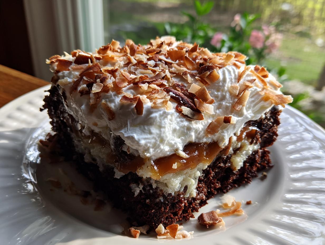 A decadent slice of german chocolate poke cake showing layers of chocolate cake, caramel, and whipped cream topped with toasted coconut.
