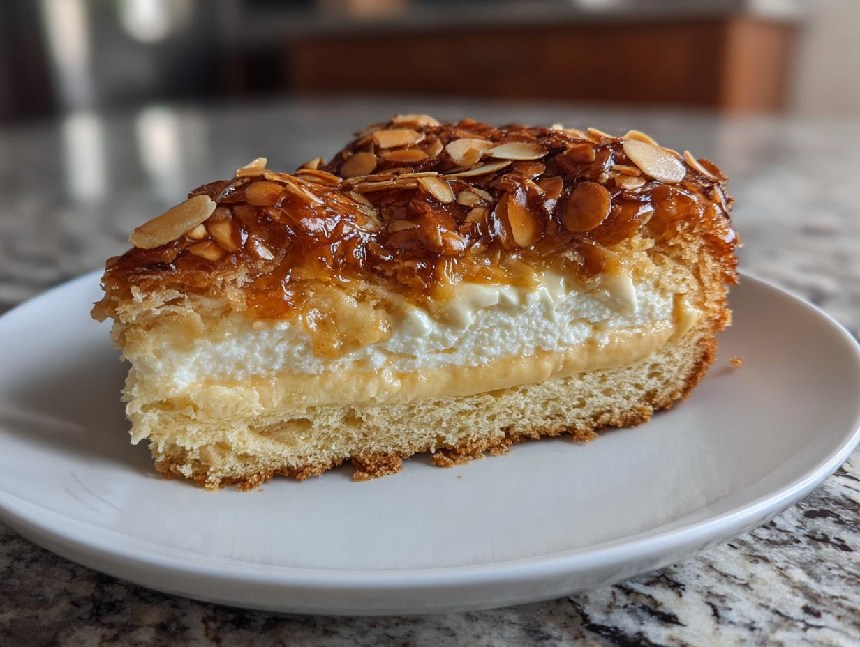 A cross-section slice of bee sting cake showing layers of sponge, custard, cream, and a caramelized almond topping.