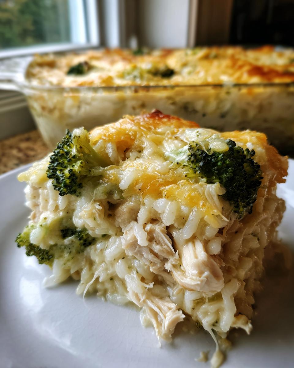 Close-up of a hearty slice of chicken broccoli rice casserole with shredded chicken, rice, and melted cheese topping.