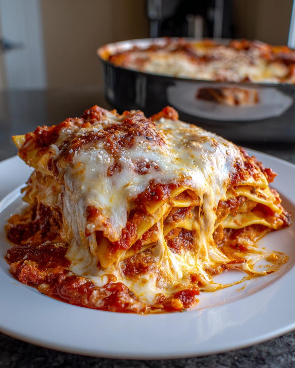 A generous slice of lazy lasagna piled high with rich tomato sauce and dripping melted mozzarella cheese.
