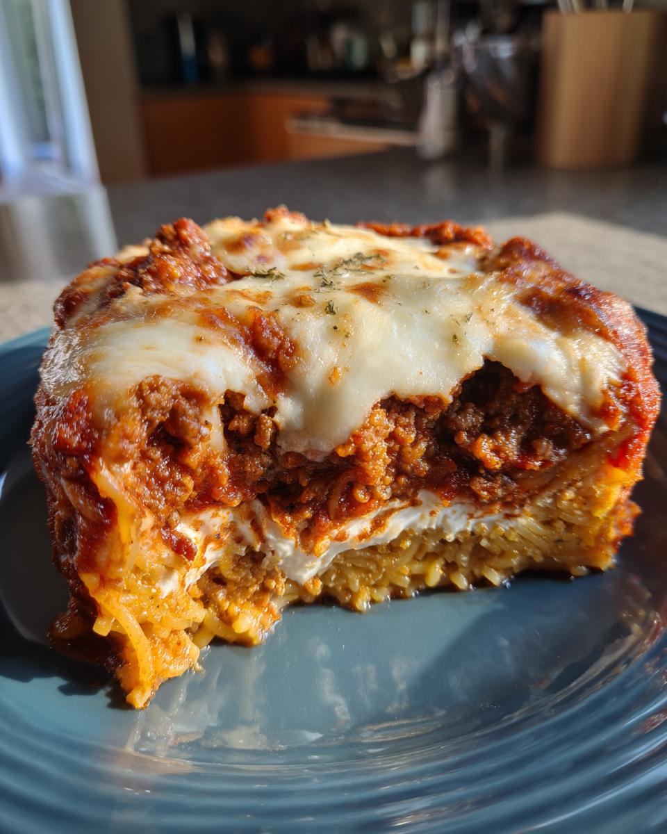 A close-up slice of spaghetti pie showing layers of pasta, ricotta, meat sauce, and melted mozzarella cheese topping.