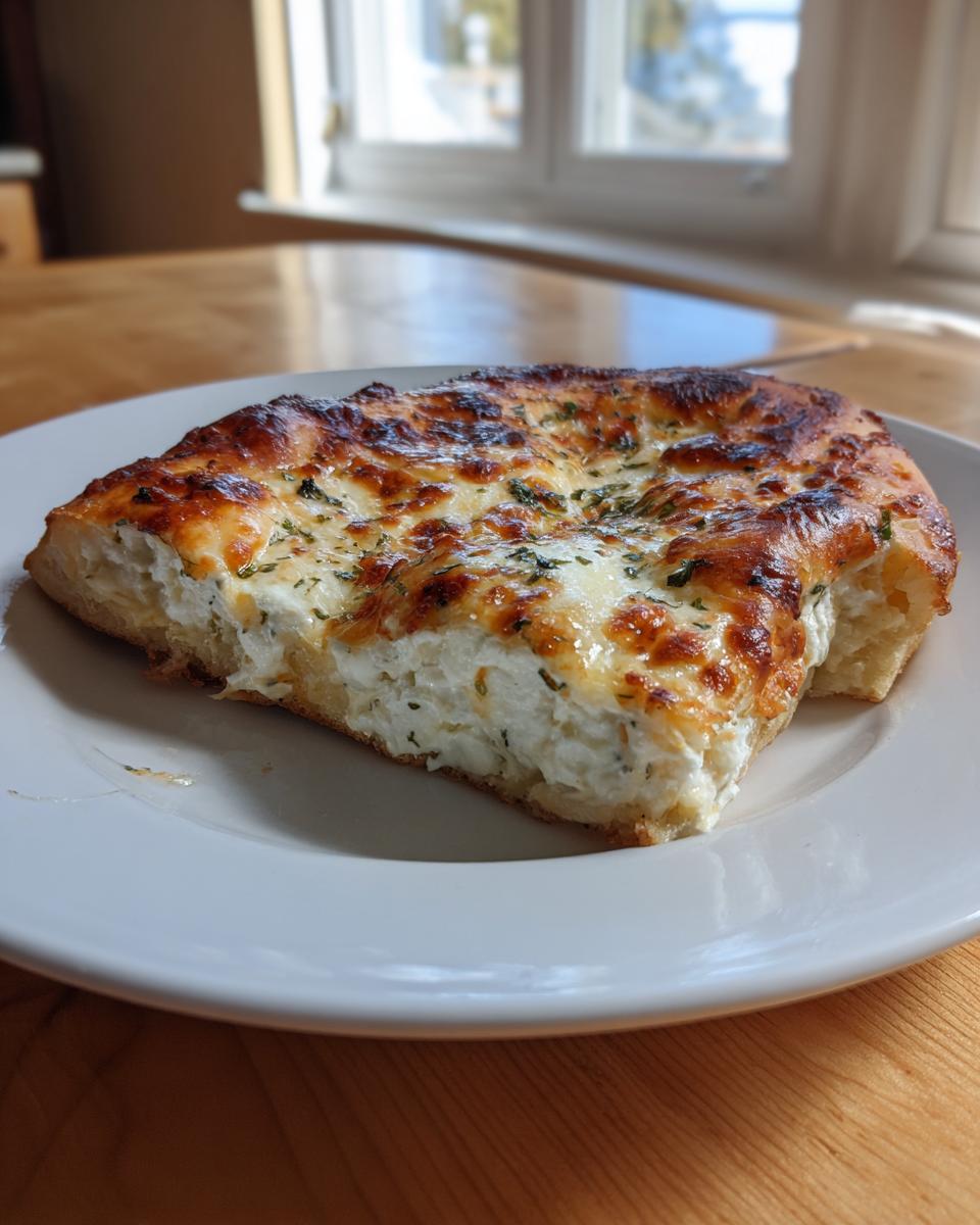 A thick slice of homemade white pizza featuring a generous layer of creamy ricotta and bubbly, browned mozzarella cheese.