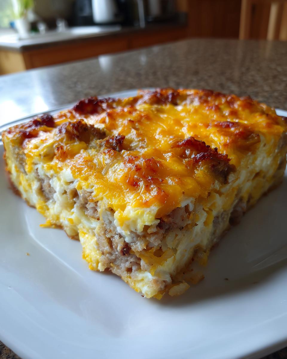 Close-up of a thick slice of savory egg bake with sausage and melted cheddar cheese topping.