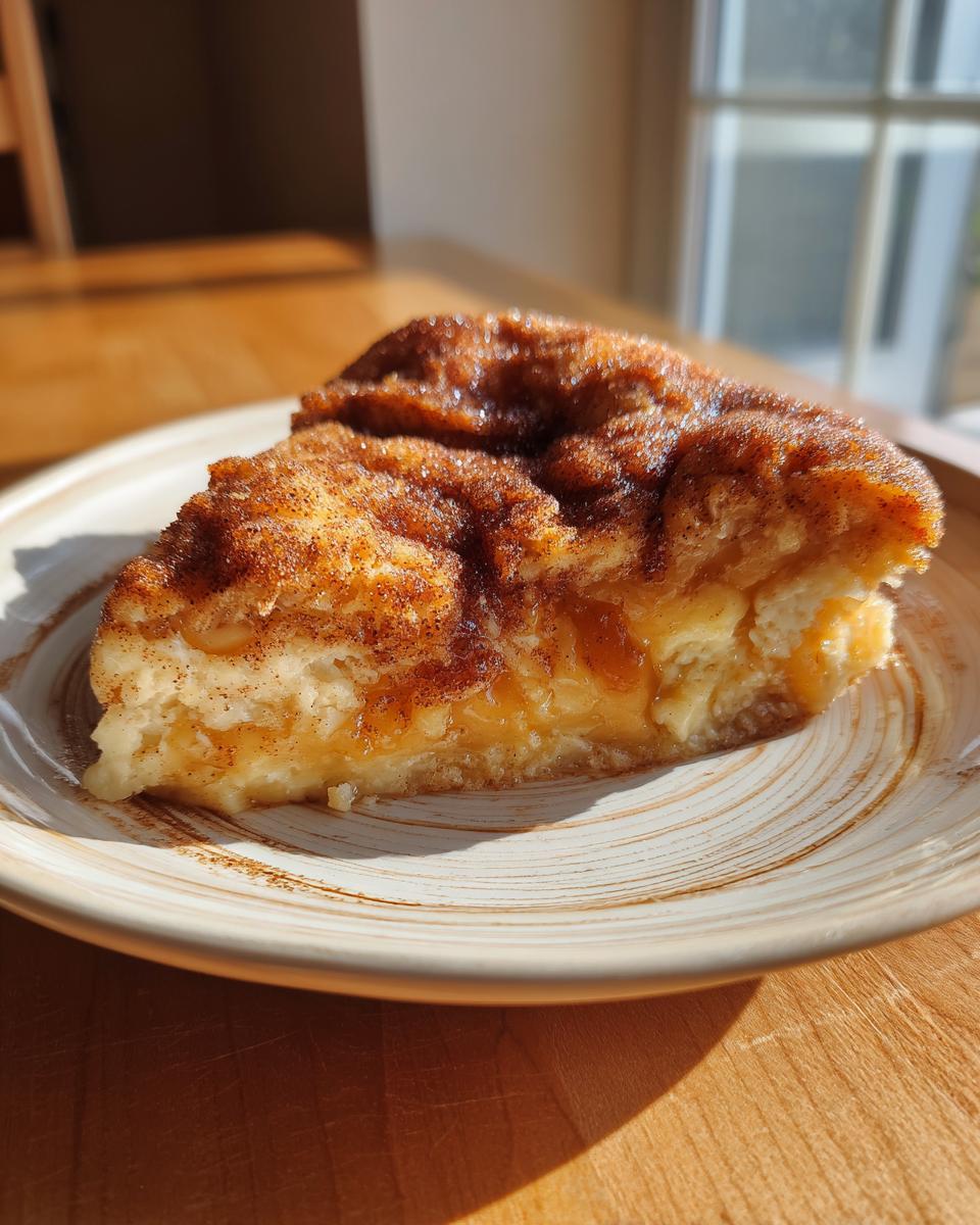 A close-up shot of a warm slice of snickerdoodle cobbler on a plate, showing a gooey cinnamon-sugar topping.