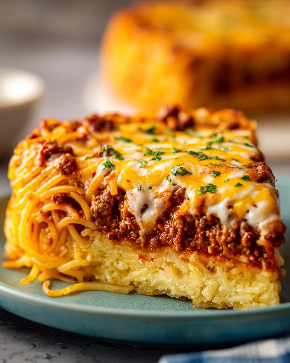 Close-up of a thick slice of spaghetti pie featuring a spaghetti base, rich meat sauce, and melted cheddar and mozzarella cheese.