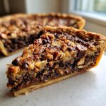Close-up of a thick slice of texas trash pie showing the gooey, nutty, chocolate chip filling and flaky crust.