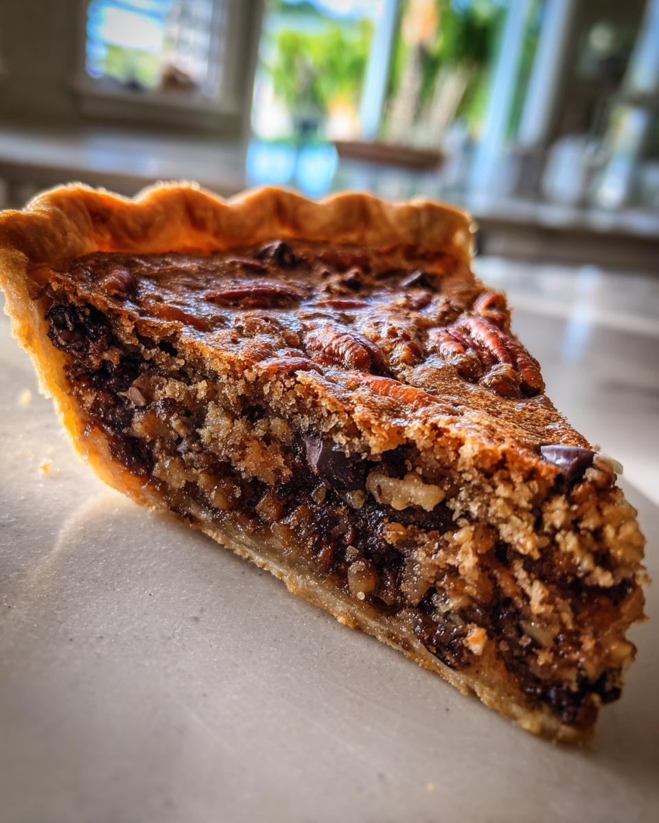 A close-up, sunlit slice of decadent texas trash pie showing a rich, nutty filling with pecans and chocolate chips.