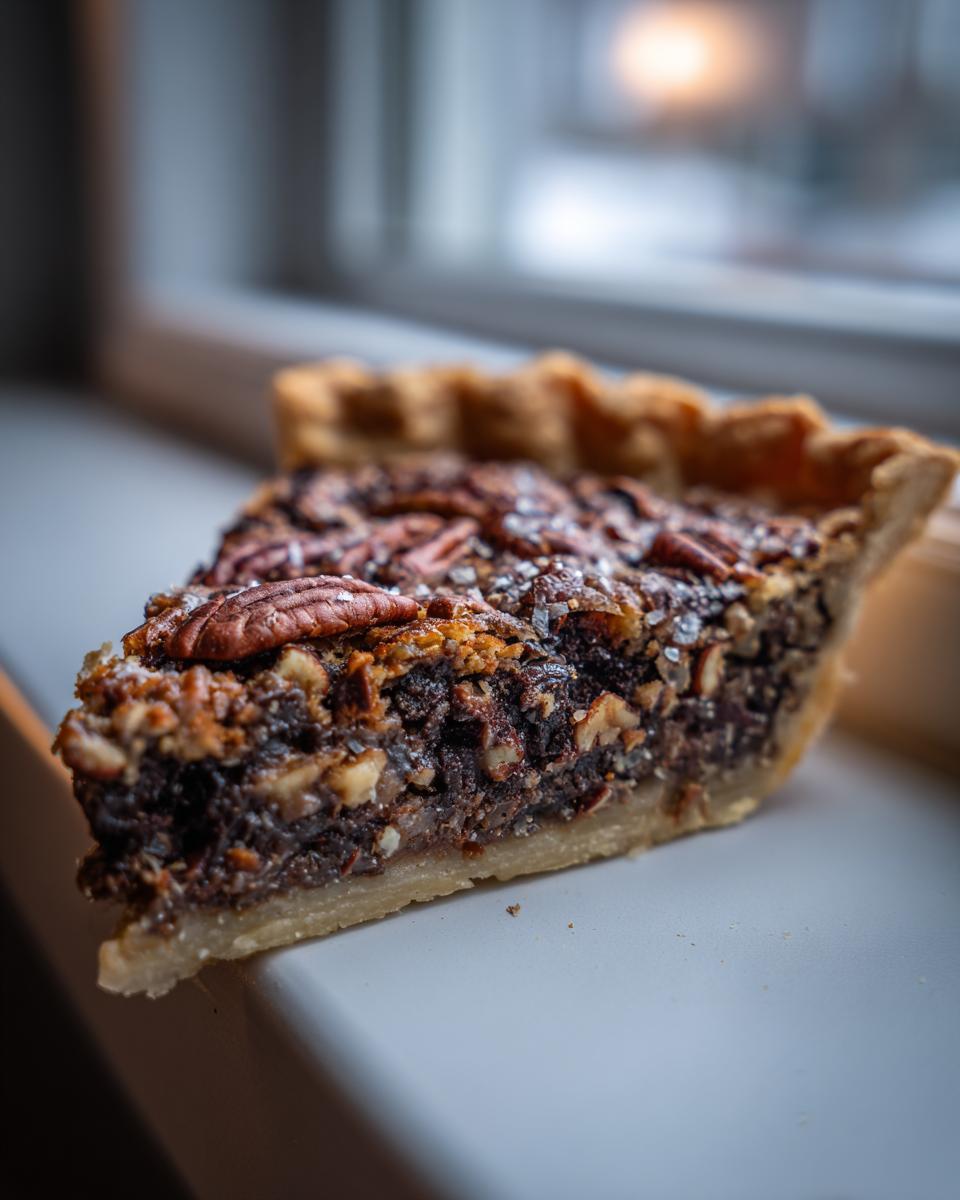 A close-up slice of decadent texas trash pie featuring a dark, nutty filling and pecan topping, resting on a white surface.