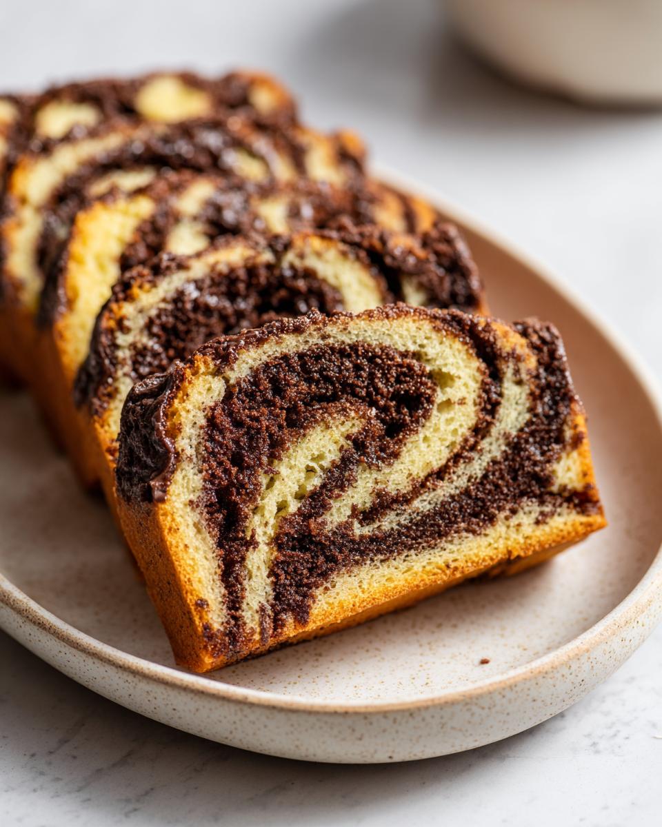 Slices of a loaf featuring a beautiful chocolate and vanilla swirl pattern, resembling pinwheel cookies, on a speckled plate.