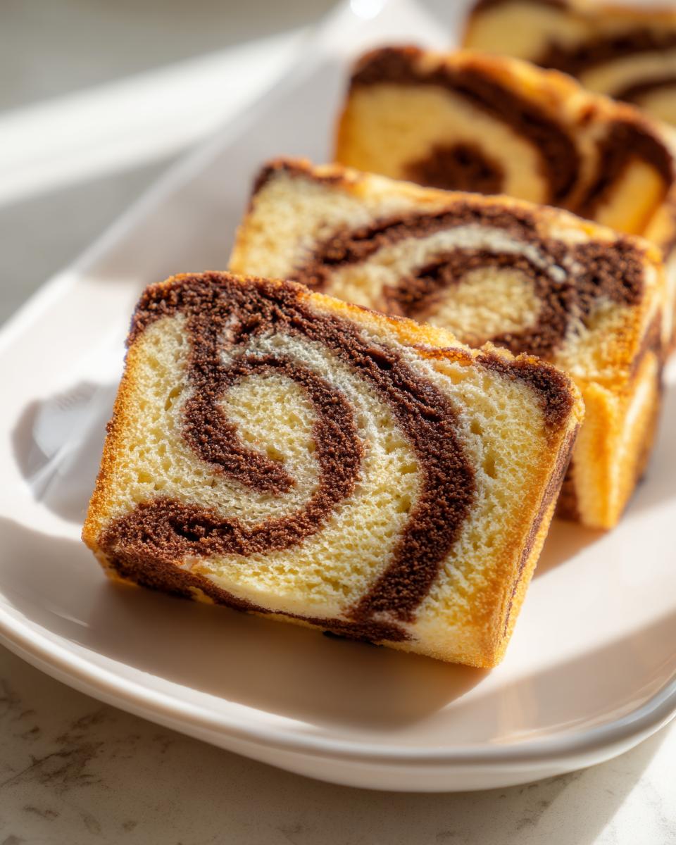 Slices of yellow and brown marbled pinwheel cookies arranged on a white plate, showing the distinct swirl pattern.