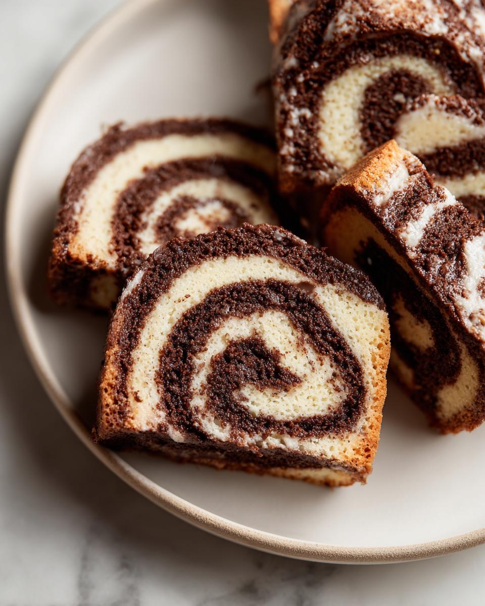 Close-up of sliced pinwheel cookies showing a distinct vanilla and chocolate swirl pattern.