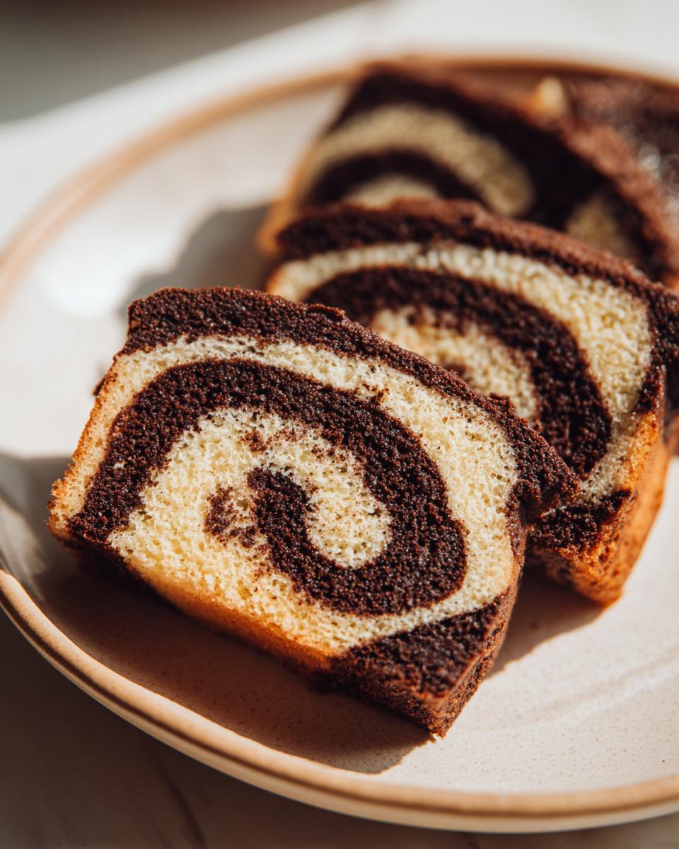 Three slices of chocolate and vanilla swirl pinwheel cookies arranged on a light ceramic plate.