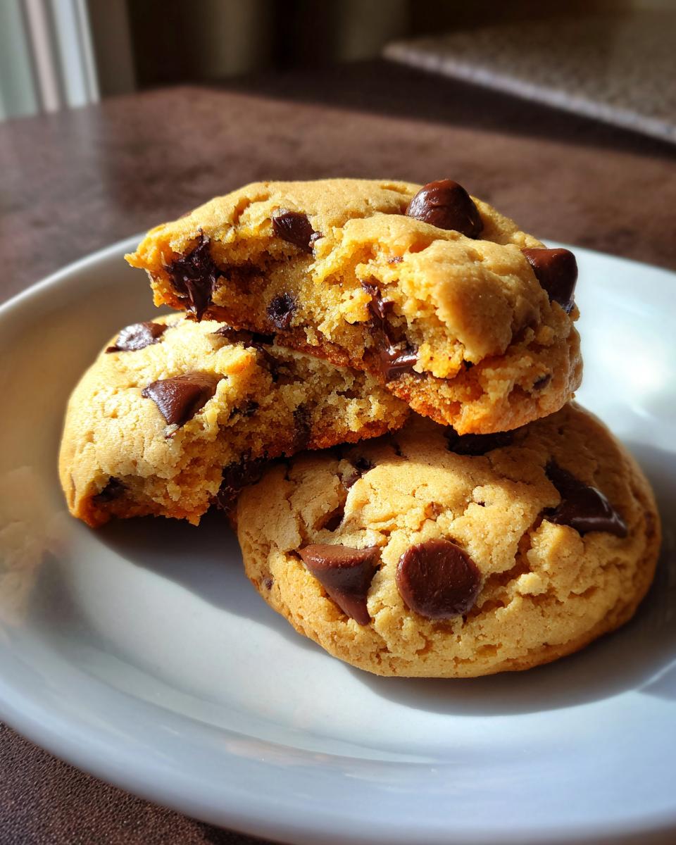 Three delicious small batch chocolate chip cookies stacked on a white plate, one broken open to show the soft center.