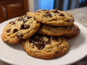 A stack of freshly baked small batch chocolate chip cookies piled on a white plate, featuring melted chocolate chunks.