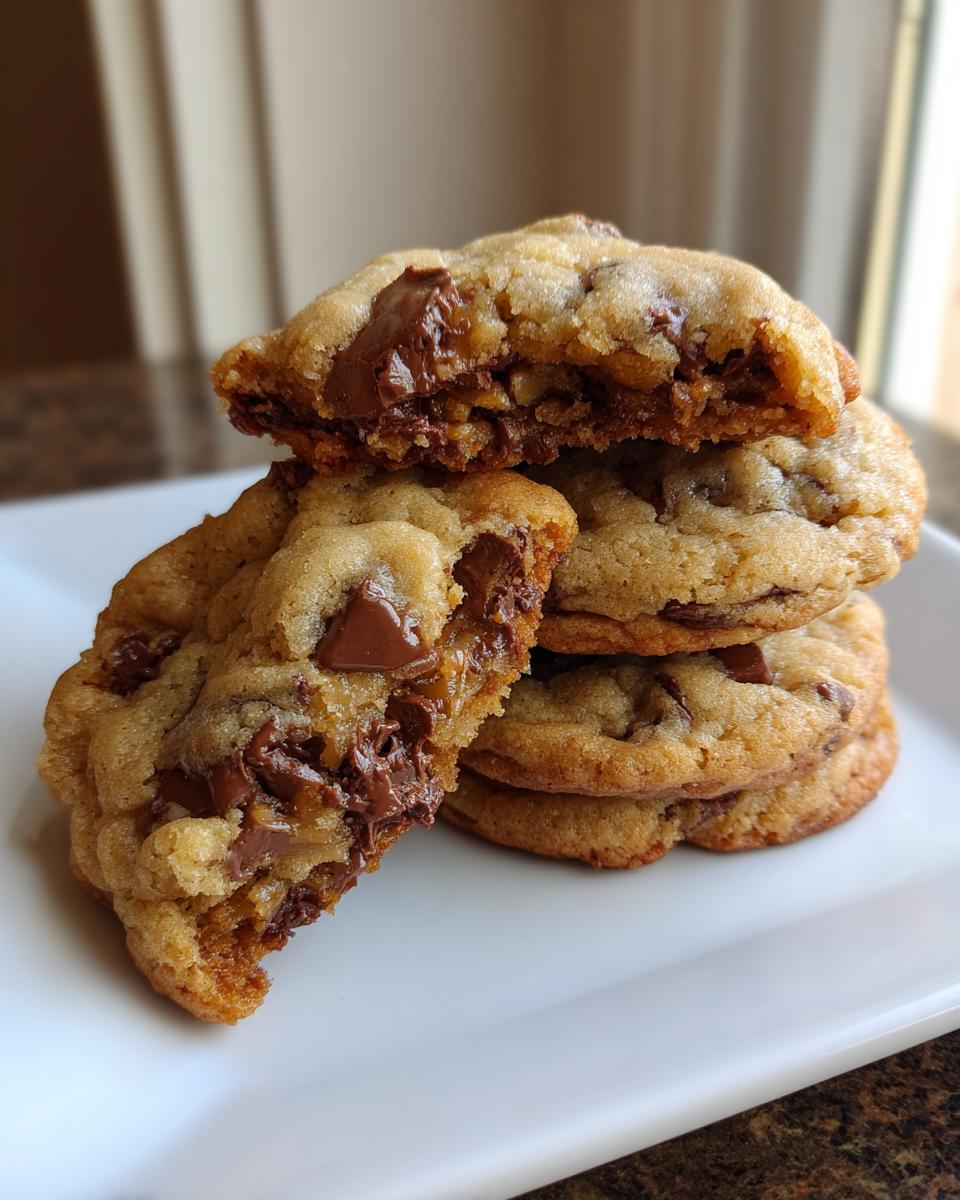 A stack of gooey small batch chocolate chip cookies, with one broken open showing melted chocolate chips inside.