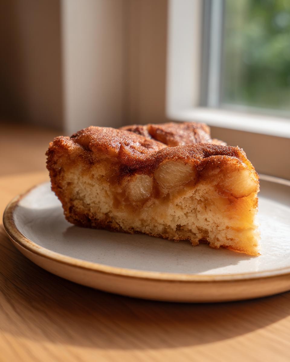 A close-up slice of warm snickerdoodle cobbler with visible fruit filling, topped with cinnamon sugar.